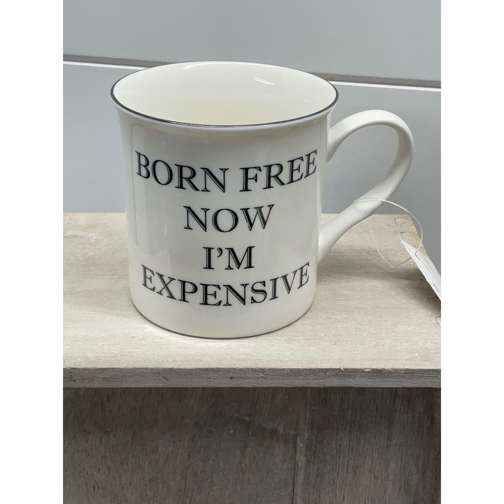 Kent Pottery Born Free Now I'm Expensive White Ceramic Coffee Mug Black Rim